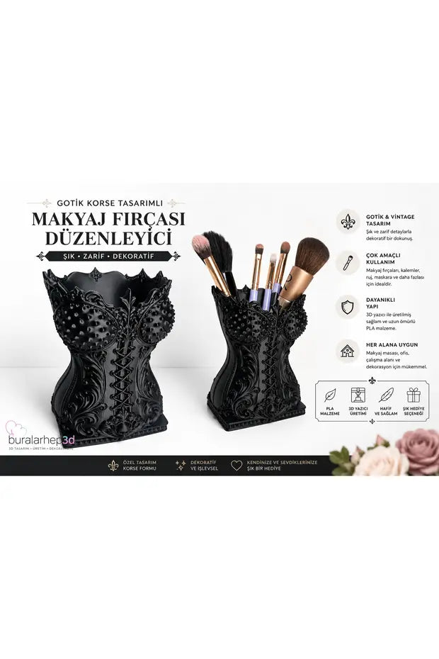 Gotik Korse Tasarımlı 3D Baskı Makyaj Fırçası Düzenleyici | Dekoratif Kalemlik & Organizer