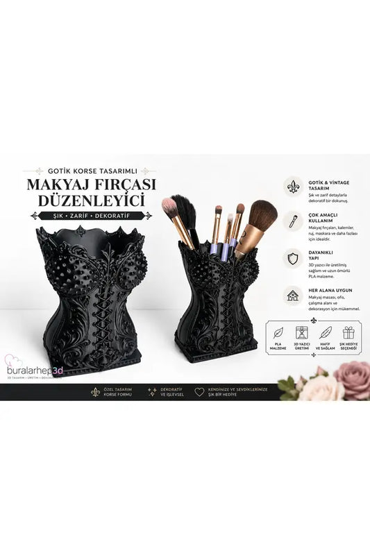 Gotik Korse Tasarımlı 3D Baskı Makyaj Fırçası Düzenleyici | Dekoratif Kalemlik & Organizer